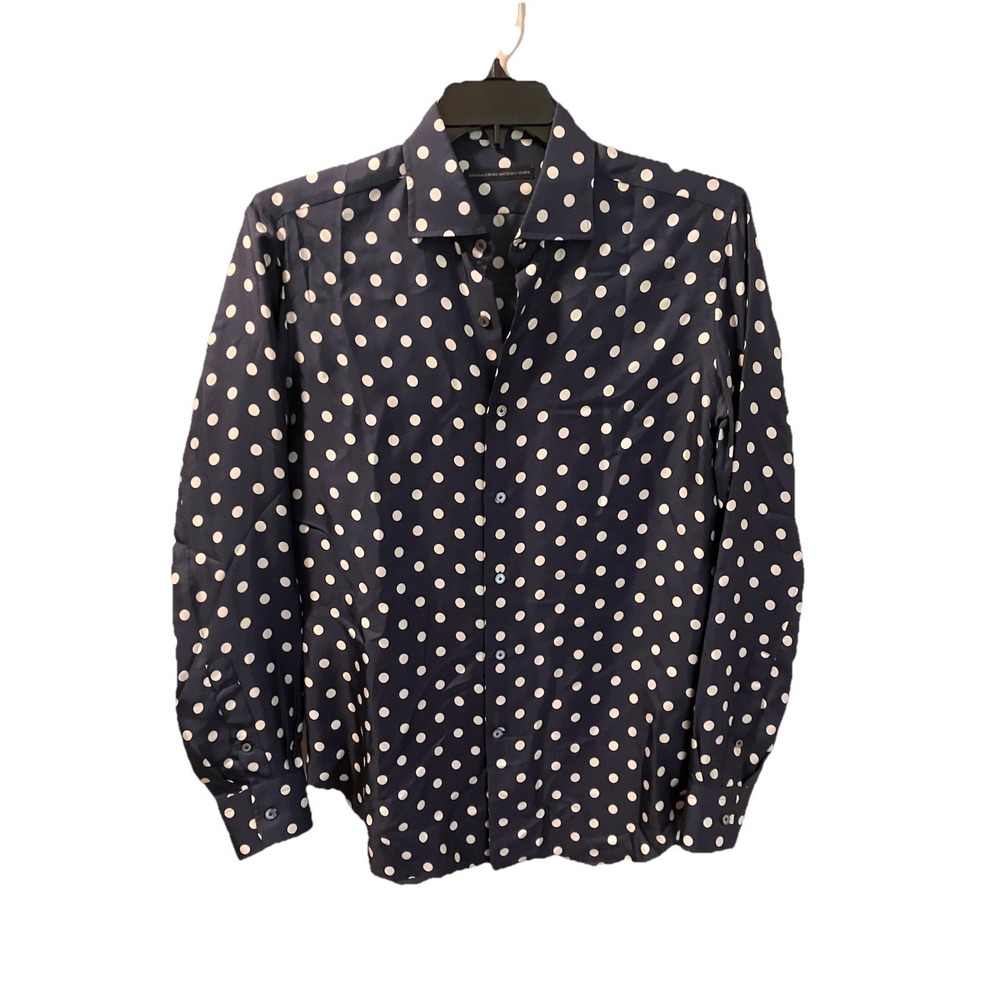 Ermanno Scervino Silk Button-Up Shirt IT48 US M‎ Navy Polka Dot Italy Luxury